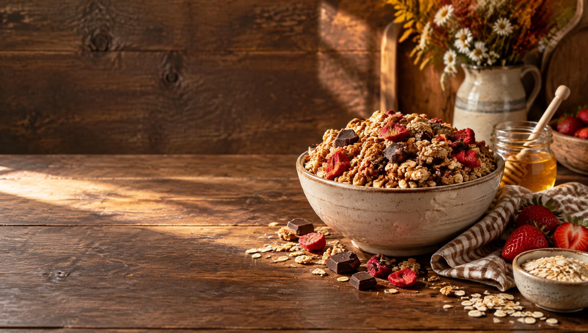 Chocolate strawberry granola with honey on a sunlit farmhouse breakfast table