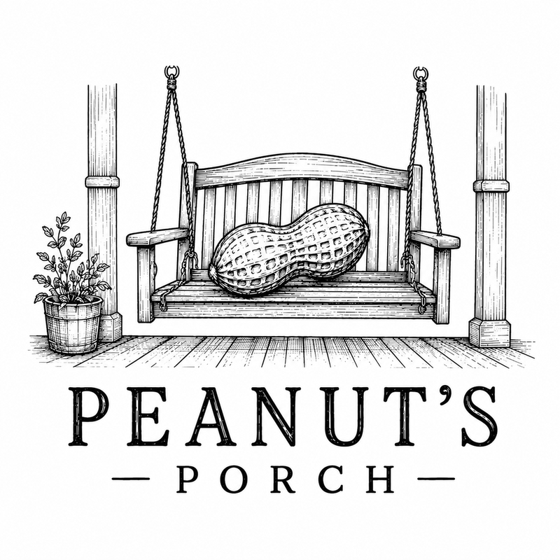Peanut’s Porch antique porch swing and peanut logo
